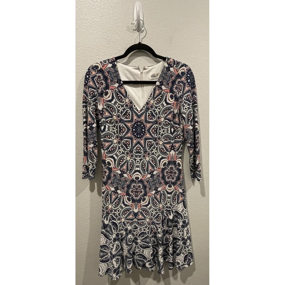 ELIZA J Design Argyle 3/4 Sleeves Mini V-Neck Lined Dress - Picture 1 of 3